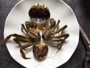 首先将所有螃蟹洗刷干净，接着将螃蟹分成几块，去除尾部（辩别公母的部分），去除蟹腮和黑色部分，待用
