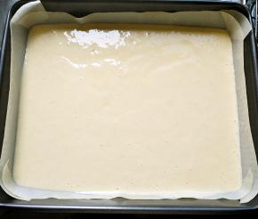 将蛋糕糊倒入铺有油纸或油布的烤盘，用力震几下