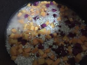 加少量水，水量按照平日里煮饭习惯然后稍微减少一些即可（紫薯红薯本身含有一定水分）。我比较偏好硬一点的米饭，因此水量很少，如图，略微没过食材一点点。