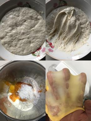 波兰种：三种食材一起放入碗里，搅拌均匀，盖上保鲜膜（最近气温低）在室温下放二小时后再放入冰箱冷藏发酵表面有大气泡，也可以在室温发酵，具体看状态，不要看时间。
把所有食材和波兰种一起放入厨师机桶里，除黄油外。
揉至扩展状态后加入软化的黄油，再揉至完全扩展阶段。