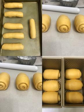平均分成六份滚圆，擀成长方形，从上向下卷成长条型，放入烤盘在28度的环境下松驰20分钟。
再次擀成长舌型，边上的气泡用手拍掉，自上而下自然卷起。
顺一个方向摆在吐司盒里。
送进发酵箱，里面放上一碗热水保湿，温度控制在36度，进行二发，发酵至9 分满。