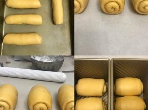 平均分成六份滚圆，擀成长方形，从上向下卷成长条型，放入烤盘在28度的环境下松驰20分钟。
再次擀成长舌型，边上的气泡用手拍掉，自上而下自然卷起。
顺一个方向摆在吐司盒里。
送进发酵箱，里面放上一碗热水保湿，温度控制在36度，进行二发，发酵至9 分满。