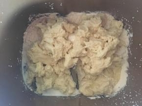 把中种面团材料撕成小块，放入面包机桶，揉至有筋膜加入黄油