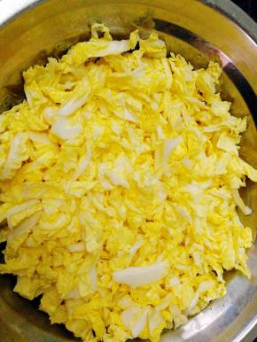 黄芯白菜切小去梗，用少许盐腌制挤出水份后