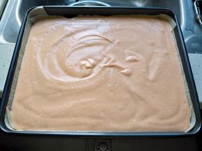 将蛋糕糊倒入铺好油布的深烤盘，用力震几次