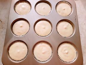 把蛋糕糊装入裱花袋挤到阳晨九连麦芬蛋糕模里（模具里放上小纸托）震几下，把大气泡震出去。