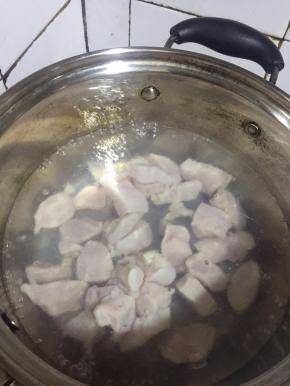烧一锅开水，放入鸡胸肉焯烫一下