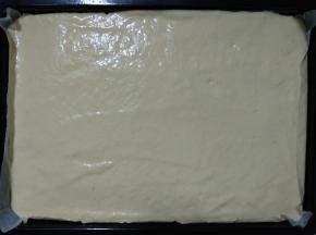 将蛋糕糊倒入烤盘，用抹刀抹平，手持烤盘轻震几下，去除气泡。