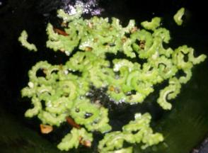 在葱姜蒜变色之前下入苦瓜翻炒片刻。