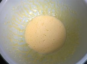 用电动打蛋器打至体积膨胀，色泽发白。