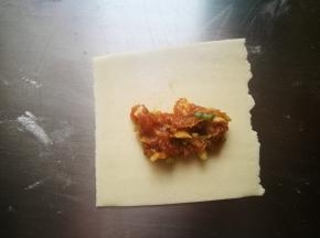 准备一块馄饨皮，放入肉馅