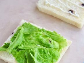 面包片表面先挤一层沙拉酱，铺一层生菜。