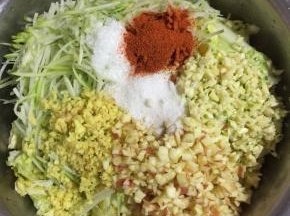 挤干水份的白菜中加入姜末，蒜末，苹果粒，萝卜丝，再加入味精和白糖15克，盐和辣椒面10克！