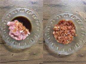肉切末加入盐、生抽、料酒拌均腌制20分钟。