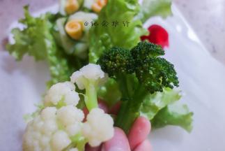 将油纸垫在盘子上先铺上生菜打底然后摆上各种蔬菜