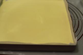 烤盘垫上油纸，倒入面糊，轻震几下