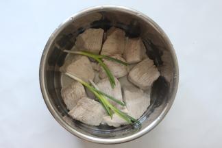 血水去掉冲洗干净猪肉后，再加入水刚好没过肉就行，再把葱放入（因为我做的是儿童肉松，所以没加太多调料，可以再加点姜或者其他大料），放在电压力锅里选择肉类功能煮熟就行