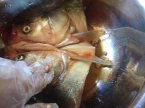 把鱼头，按摩，让更加入味；腌制15分钟；