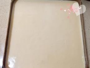 将面糊倒入烤盘里，用刮板抹平。放入预热好的烤箱，165度烤20分钟；