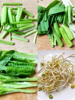 将芹菜、蒜苗、莴笋尖切小段，豆芽洗净备用。