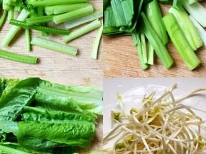 将芹菜、蒜苗、莴笋尖切小段，豆芽洗净备用。