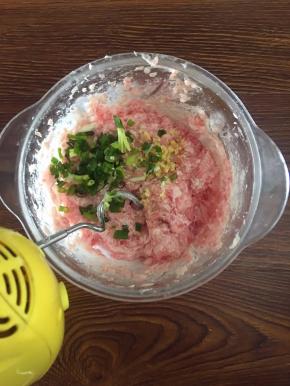 在搅打好的肉里加胡椒粉，生粉，鸡粉，香油再一次搅拌，最后加入姜末和香菜一起搅拌匀。