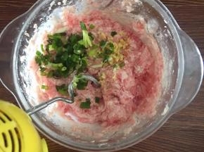 在搅打好的肉里加胡椒粉，生粉，鸡粉，香油再一次搅拌，最后加入姜末和香菜一起搅拌匀。