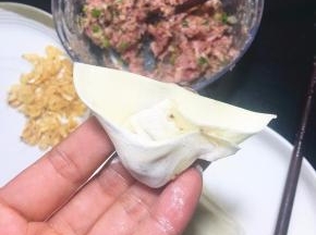两对角黏在一起就行了，包好云吞的样子，依次包余下的云吞。