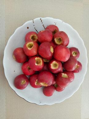 用刀把山楂中间核去掉。