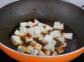 豆腐切块放入锅中，再次煮沸之后改为中小火；