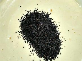 搅拌均匀的面糊里面倒入黑芝麻，搅拌均匀