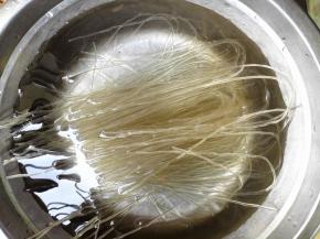 1.	粉条剪成适中长度，用凉水冲洗干净，再用凉水泡一会儿，泡的时间主要决定于粉条的质量，