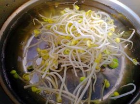 另起一锅水煮开 ，煮黄豆芽至断生