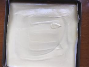 将蛋糕糊倒入烤盘中，用刮刀辅助抹平，然后将烤盘在台面上轻震几下，震出大气泡