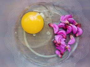 槐花去蒂，冲洗，沥净水份