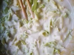 加入包菜片，大葱，搅拌均匀