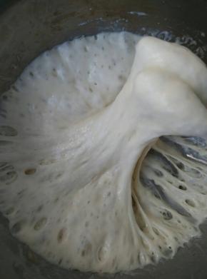 波兰种发酵成功的样子是有许多气孔，呈蜂窝状气味有股酸味儿