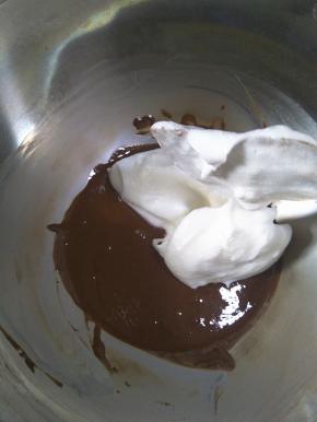 预热烤箱，上下火，150度。先取三分之一蛋白霜加入可可糊中