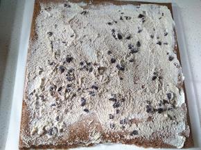 将打发好的淡奶油取出，加入一点奥利奥碎搅拌一下，然后均匀铺在蛋糕坯上