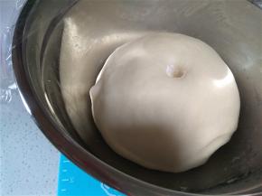 面团发至2-2.5倍大，用手指粘面粉表面戳个洞不回弹，完成第一次发酵