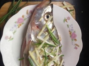 用盐把鱼各处都抹一下！生姜切丝，葱切段，摆在鱼身上，为了去腥，鱼肚子里也摆点姜丝葱段！