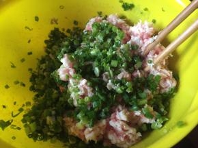 把葱和肉糜，放入一个盆中；