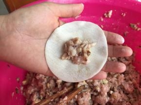 取一些肉馅儿包在皮中心