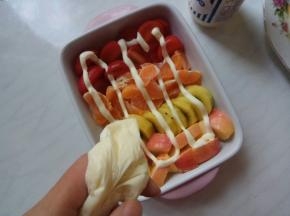 沙拉酱舀一勺在保鲜袋里，前端剪口，挤酱。嫌麻烦的可以直接舀到盘里，小孩子喜欢看挤酱嘛。