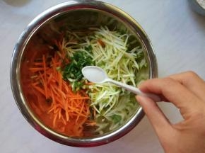 胡萝卜和西葫芦擦成丝，香葱切碎，加盐。