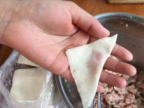 取一块抄手皮用筷子蘸少许肉蓉，抄手皮对折或者不规则对折都可以的