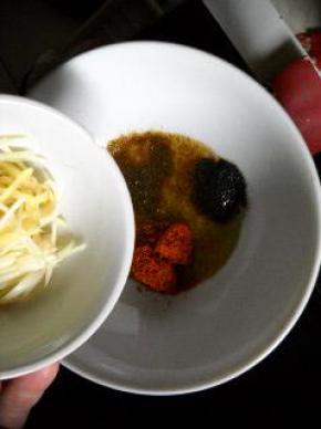 取一小碗，放入色拉油，加入孜然粉、胡椒粉、辣椒粉调成酱汁。