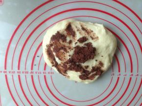 将面团分成两等份，其中一份加入可可粉，揉成可可面团，需要加一点点水才能将可可粉揉进去