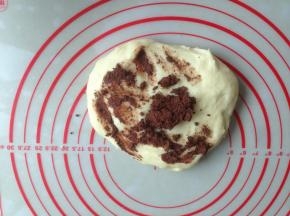 将面团分成两等份，其中一份加入可可粉，揉成可可面团，需要加一点点水才能将可可粉揉进去