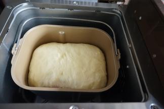 选择面包机的发酵程序60分钟左右，发至面包桶七分满